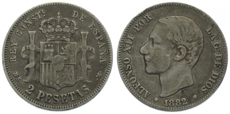 Spanien 2 Pesetas 1882 MS M - Alfonso XII.